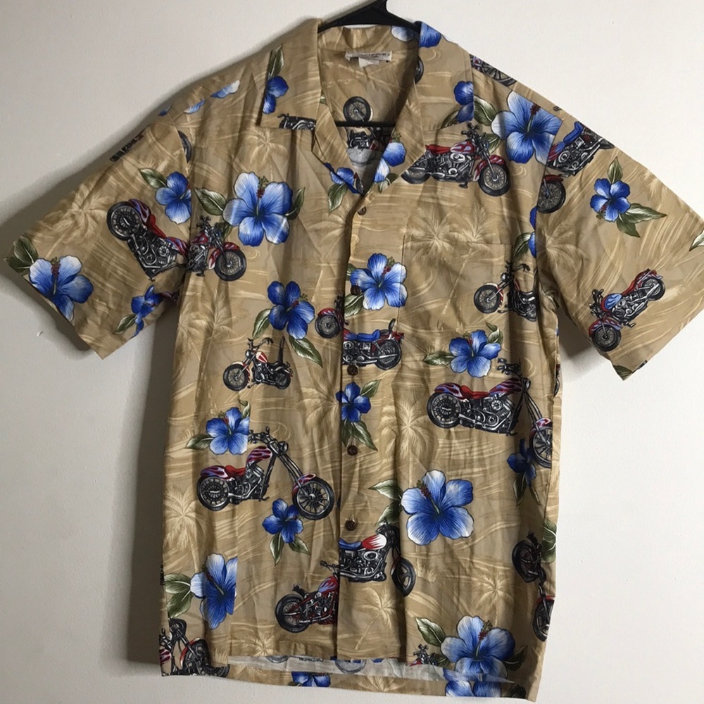 Pacific Legend Men's Motorcycle Hibiscus Floral Hawaiian Shirt Tan Medium‎